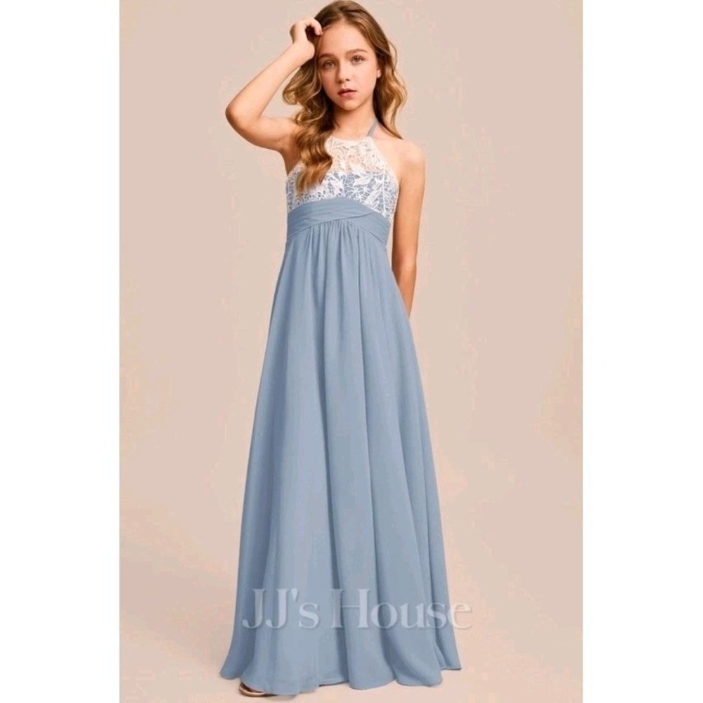 J J House Jr. Bridesmaid Dress A-line Halter Floor-Length Chiffon Lace Dusty Blu